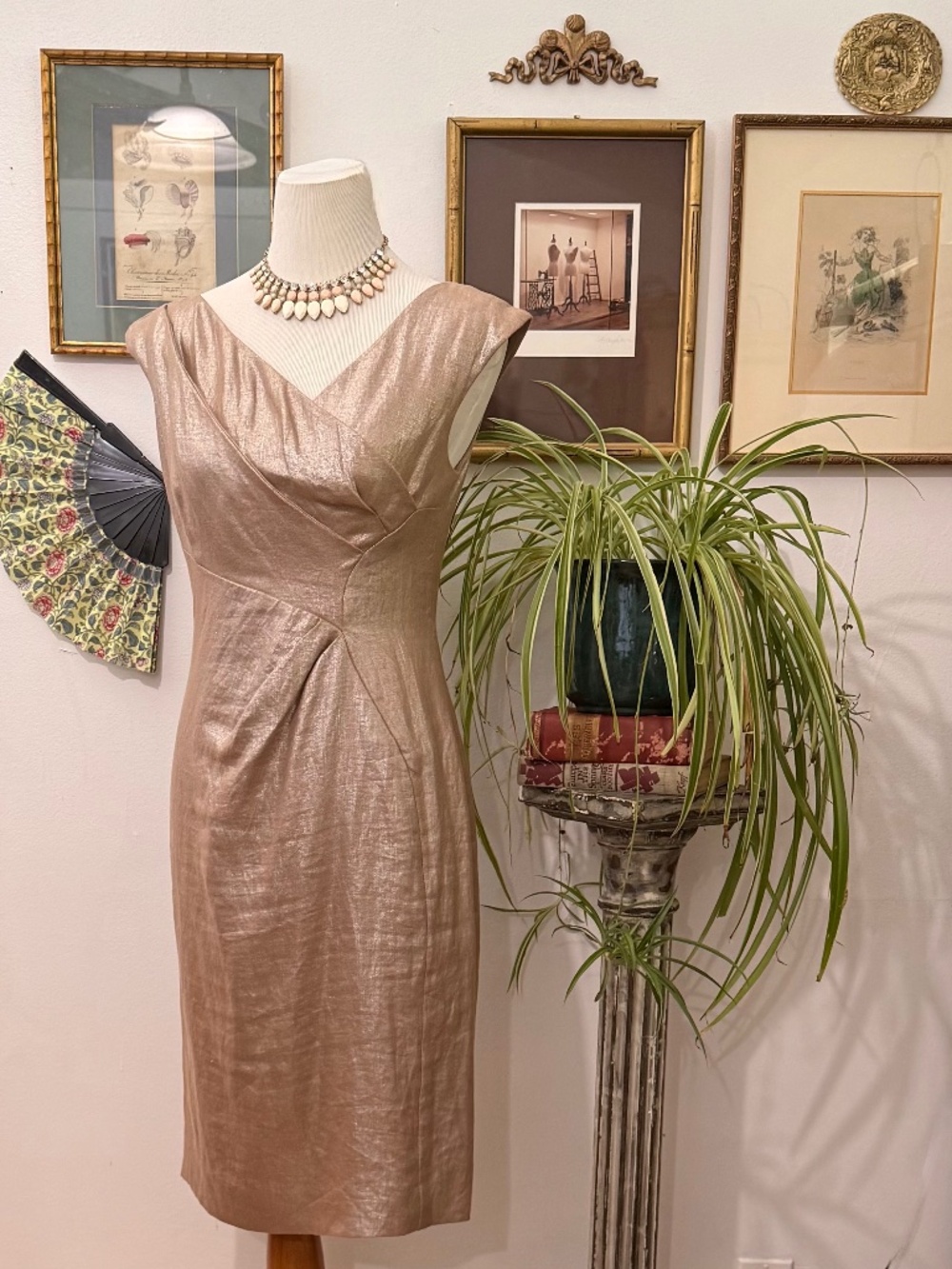 Sara Campbell Old School Sophistication in Gold Linen Dress. Wedding Guest. SZ 4